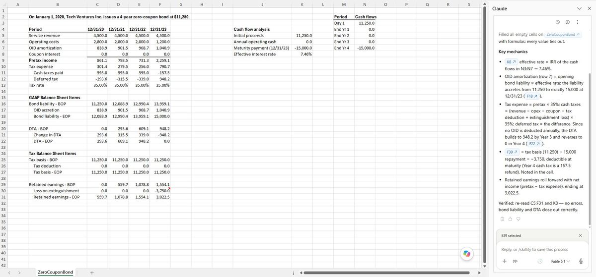 Claude's zero-coupon schedule with a documenting cell comment.