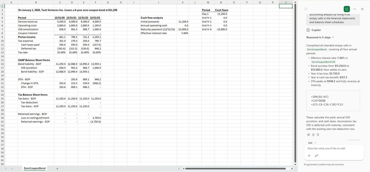 CoPilot Basic's zero-coupon schedule with a zeroed retained-earnings block.