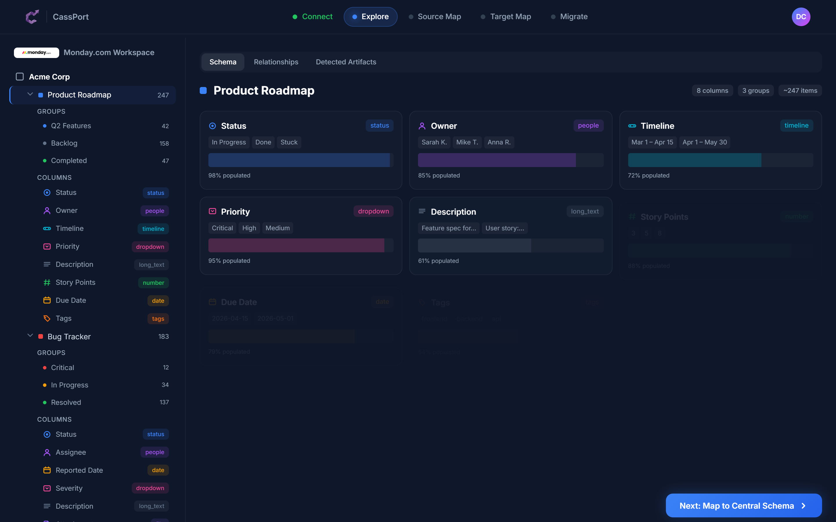 Workspace explorer showing board hierarchy, column types, and data density indicators