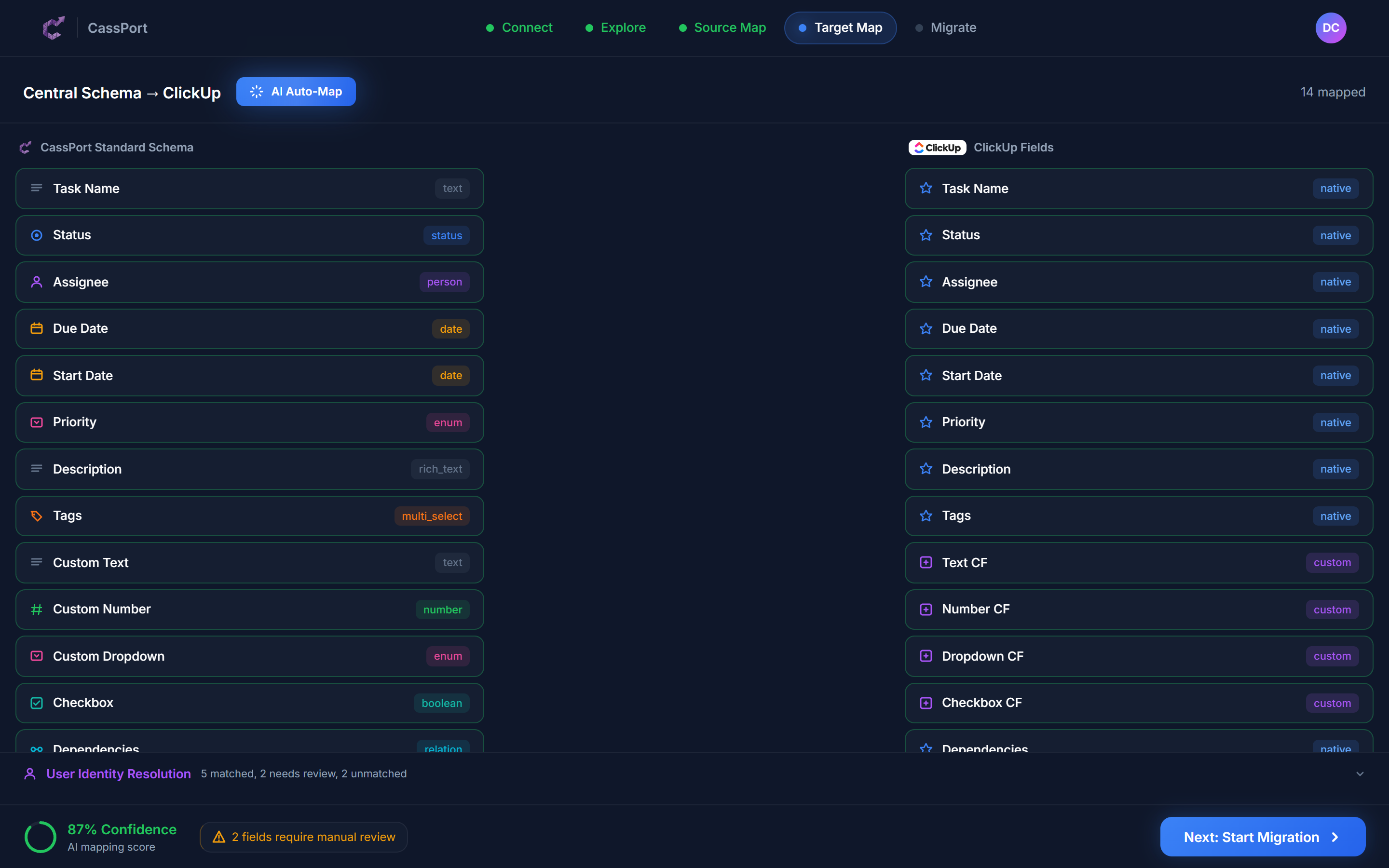 Target mapping showing how data will land in ClickUp with confidence indicators and user identity resolution